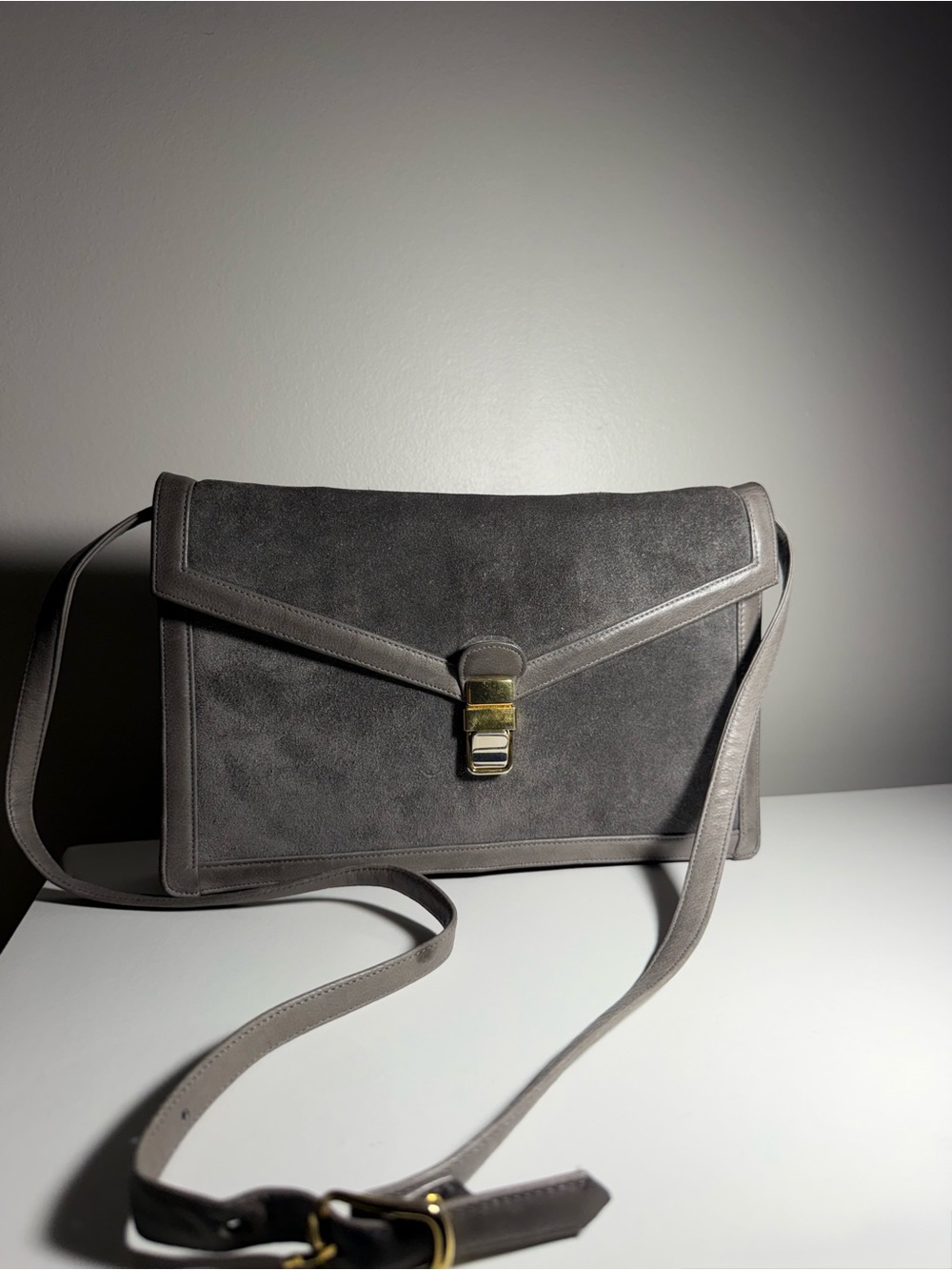 Susan Gail Gray Suede Envelope Messenger Bag with Gold Clasp